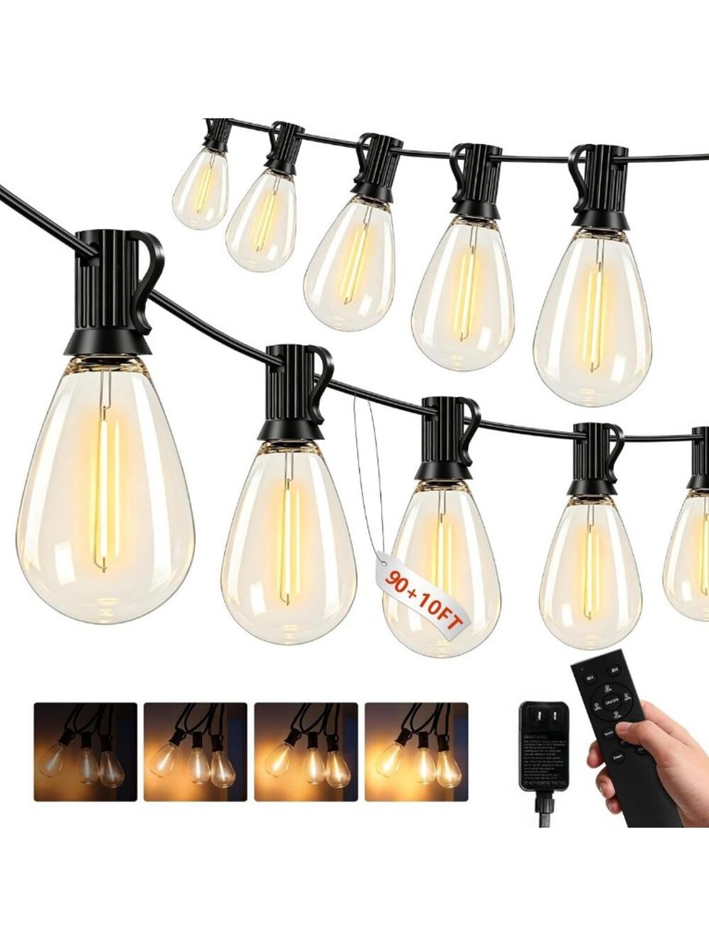 100FT Waterproof Outdoor String Lights, Dimmable LED Patio Lights with 39 Bulbs